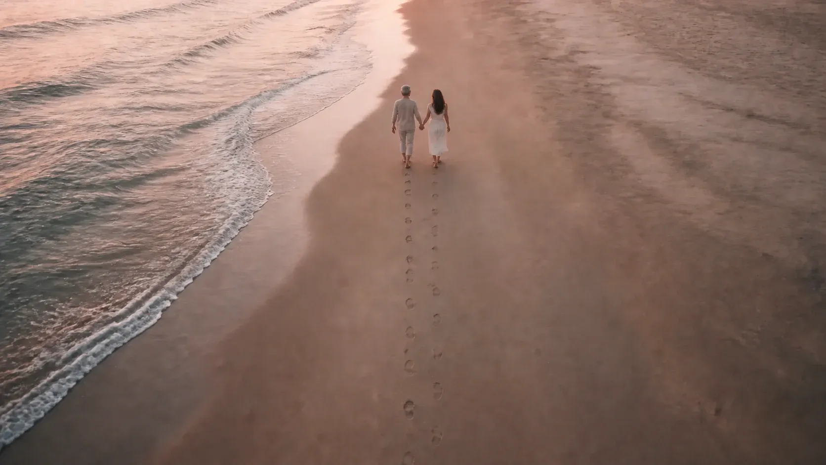An aerial view of a couple walking hand in hand along a beach at sunset