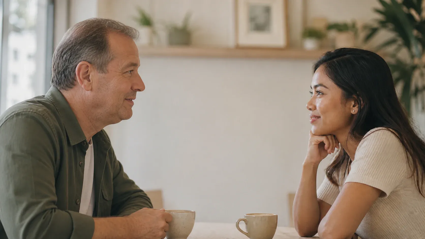 An American man and a Filipina woman talking over coffee in a bright café