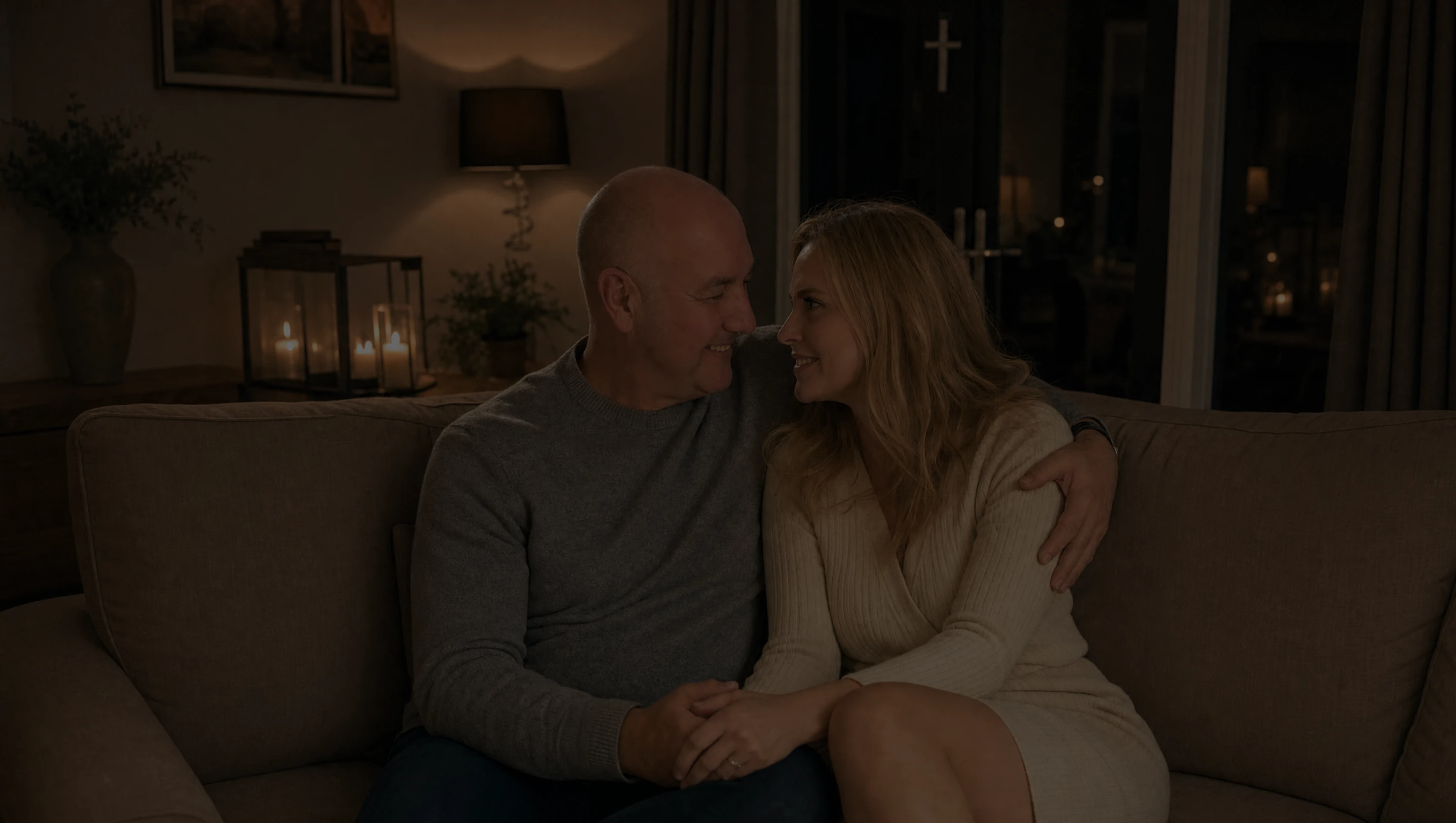 A couple sitting close together on a sofa in a warmly lit living room.