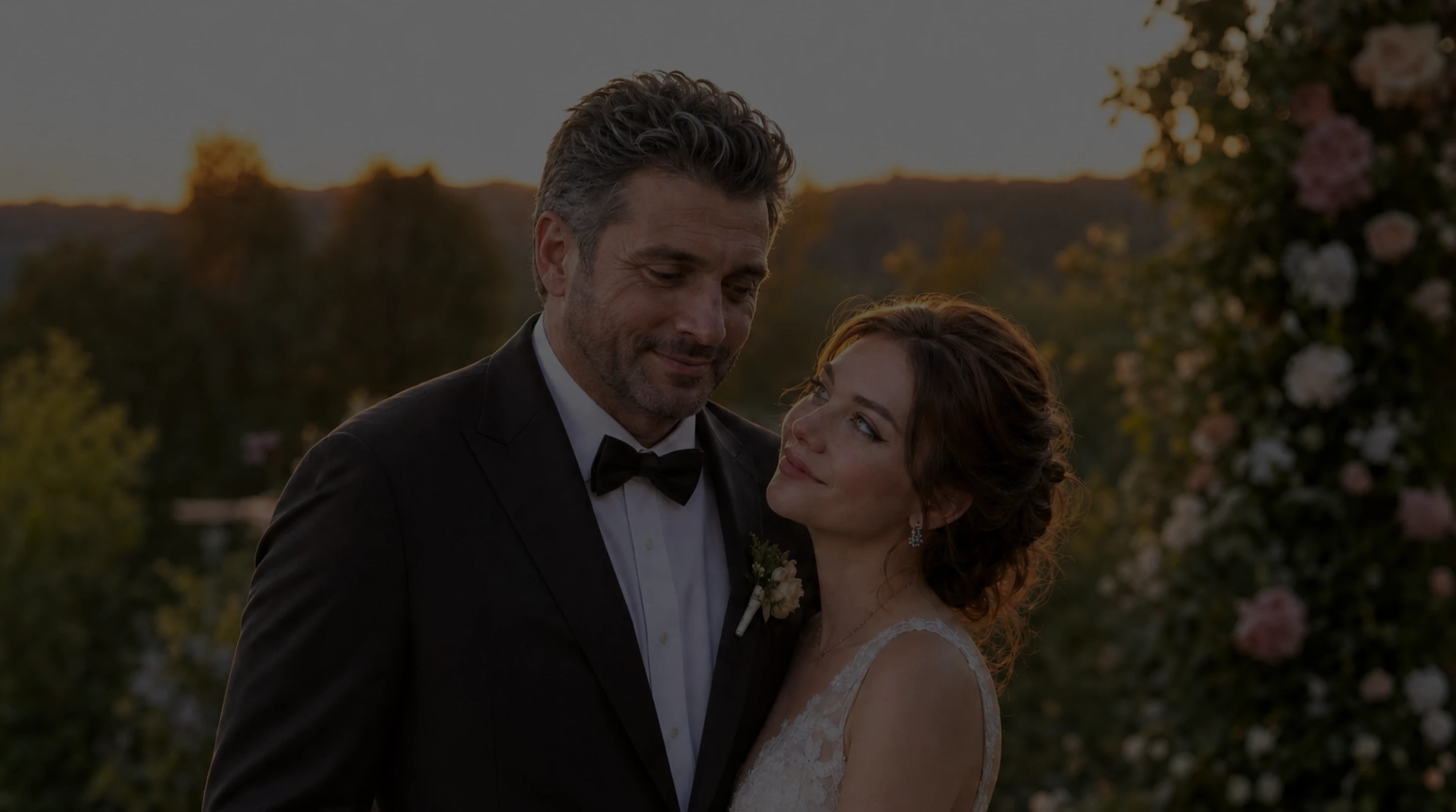 A bride and groom standing together in a garden at sunset.