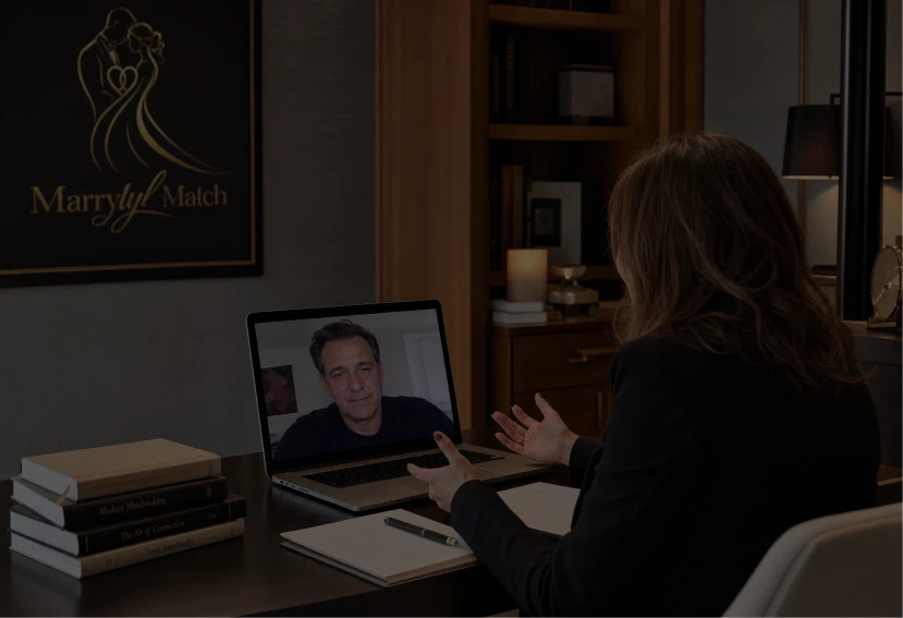 A matchmaker speaking with a man by video call in an office.