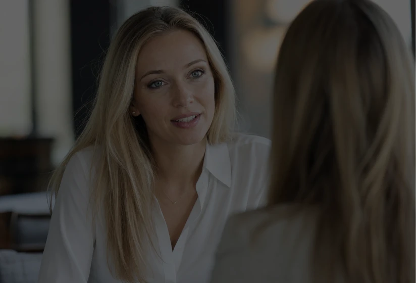 A matchmaker speaking with a woman during a private meeting.