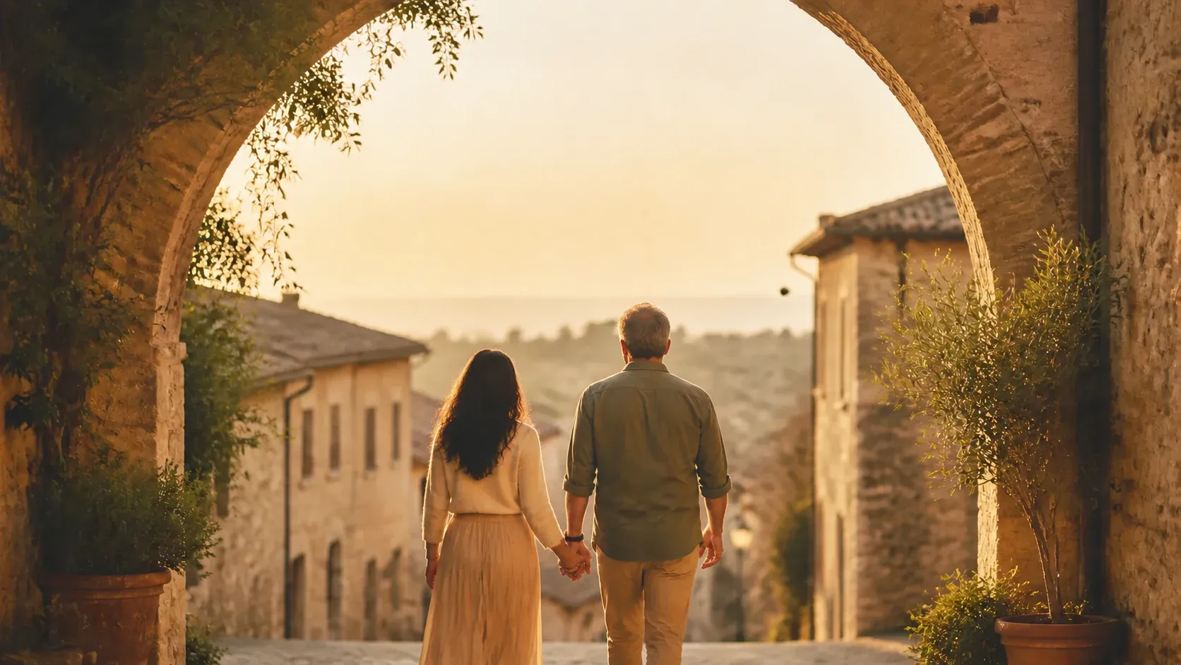A couple walking hand in hand beneath a brick archway at golden hour